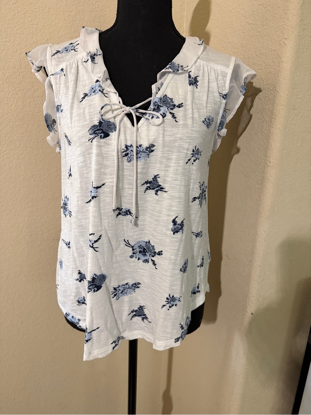 Lucky Brand White with Blue Floral Print and Tie Neck top